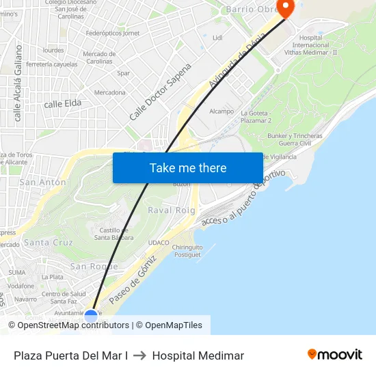 Plaza Puerta Del Mar I to Hospital Medimar map