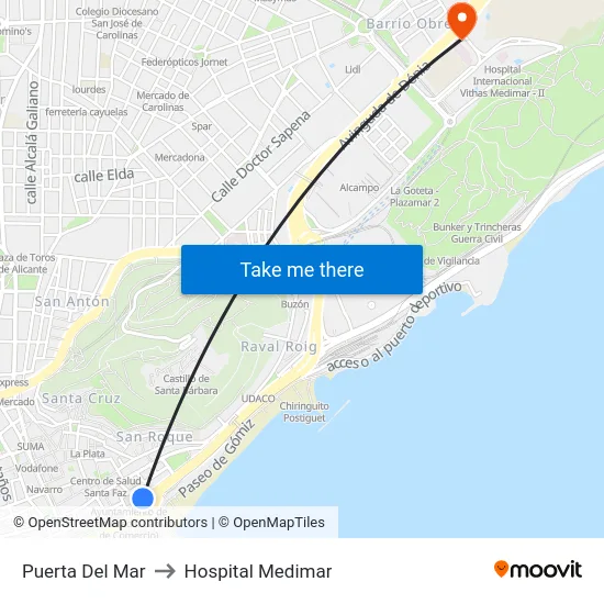Puerta Del Mar to Hospital Medimar map