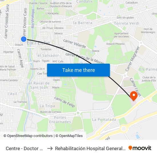 Centre - Doctor Caro to Rehabilitación Hospital General Elche map