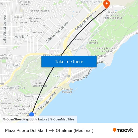Plaza Puerta Del Mar I to Oftalmar (Medimar) map