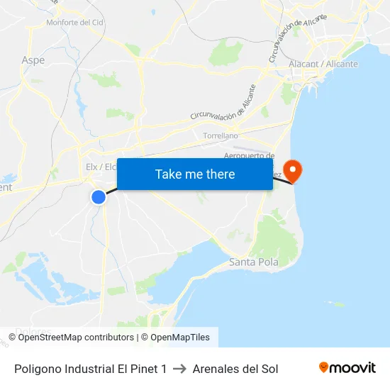 Poligono Industrial El Pinet 1 to Arenales del Sol map