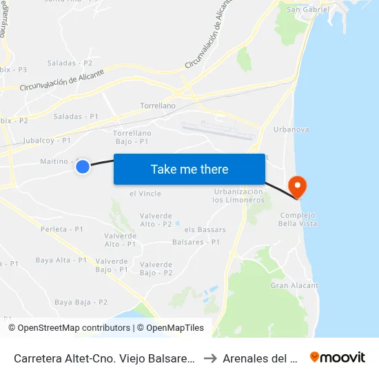 Carretera Altet-Cno. Viejo Balsares 1 to Arenales del Sol map
