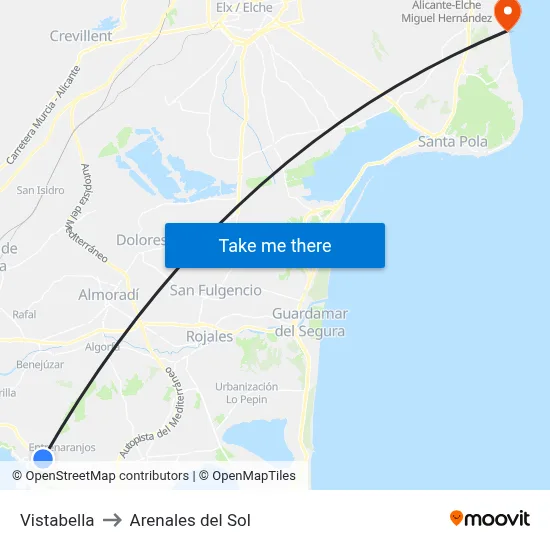 Vistabella to Arenales del Sol map