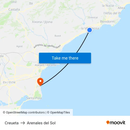 Creueta to Arenales del Sol map