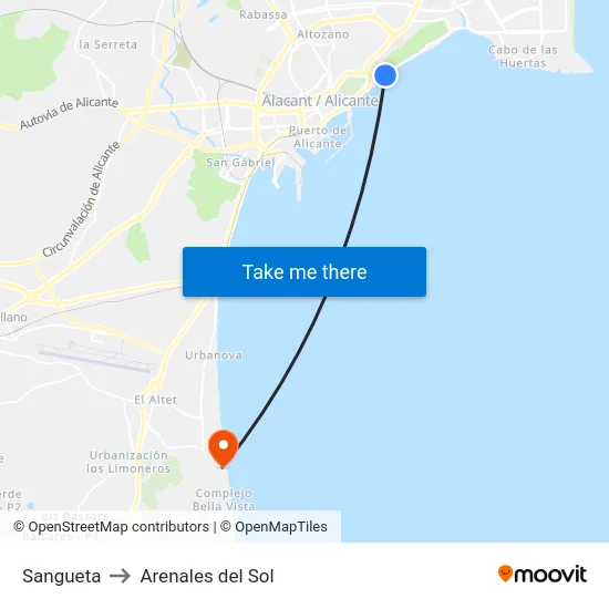 Sangueta to Arenales del Sol map