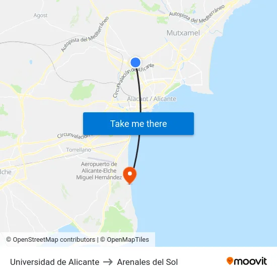 Universidad de Alicante to Arenales del Sol map