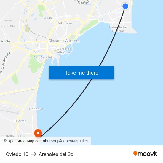 Oviedo 10 to Arenales del Sol map