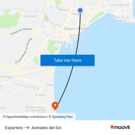 Espartero to Arenales del Sol map