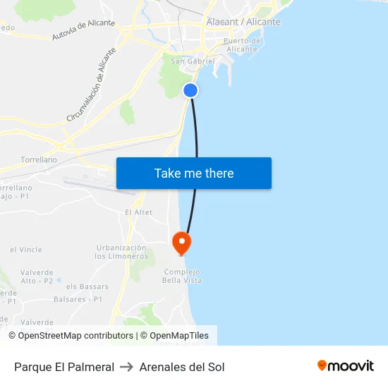 Parque El Palmeral to Arenales del Sol map