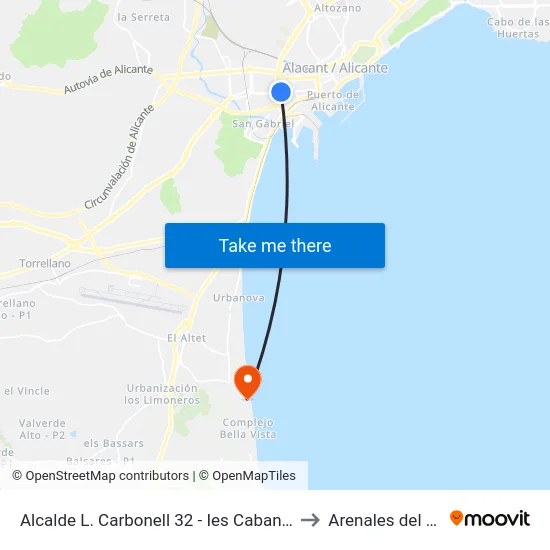 Alcalde L. Carbonell 32 - Ies Cabanilles to Arenales del Sol map
