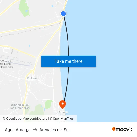 Agua Amarga to Arenales del Sol map