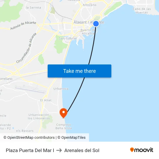 Plaza Puerta Del Mar I to Arenales del Sol map