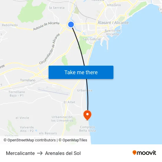 Mercalicante to Arenales del Sol map