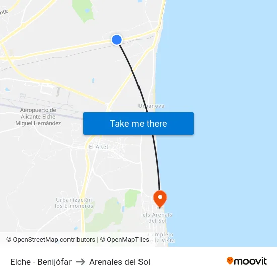 Elche - Benijófar to Arenales del Sol map