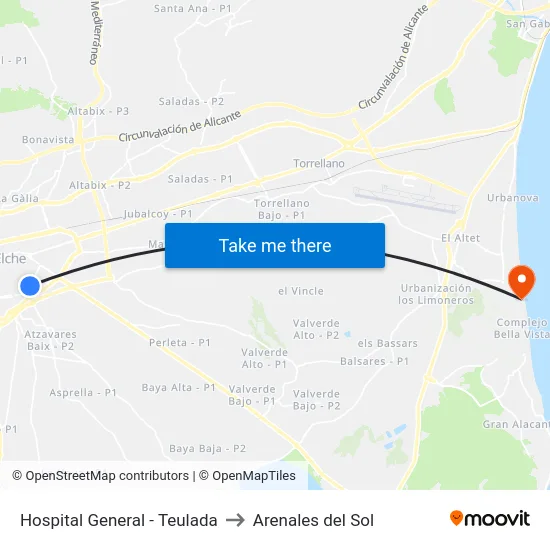 Hospital General - Teulada to Arenales del Sol map