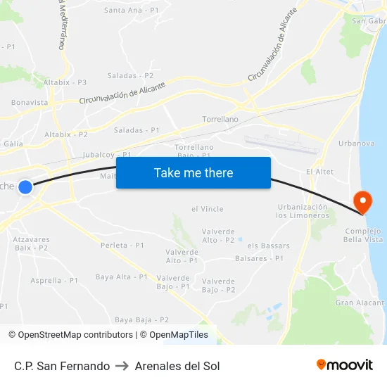 C.P. San Fernando to Arenales del Sol map