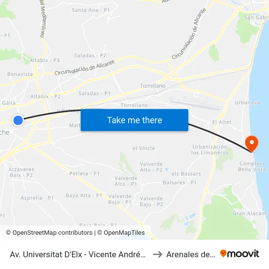 Av. Universitat D'Elx - Vicente Andrés Estellés to Arenales del Sol map