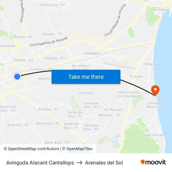 Avinguda Alacant Cantallops to Arenales del Sol map