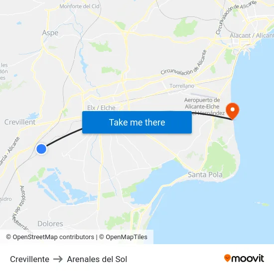 Crevillente to Arenales del Sol map