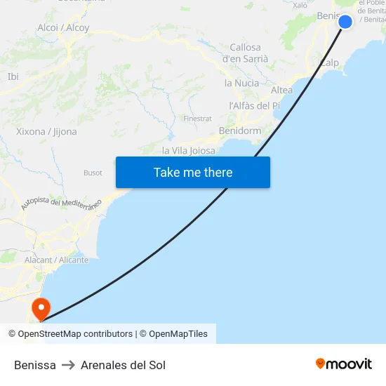 Benissa to Arenales del Sol map