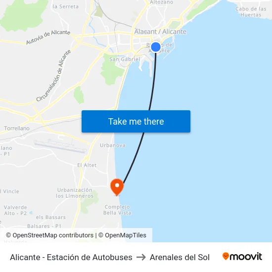 Alicante - Estación de Autobuses to Arenales del Sol map