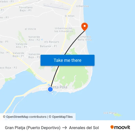 Gran Platja (Puerto Deportivo) to Arenales del Sol map