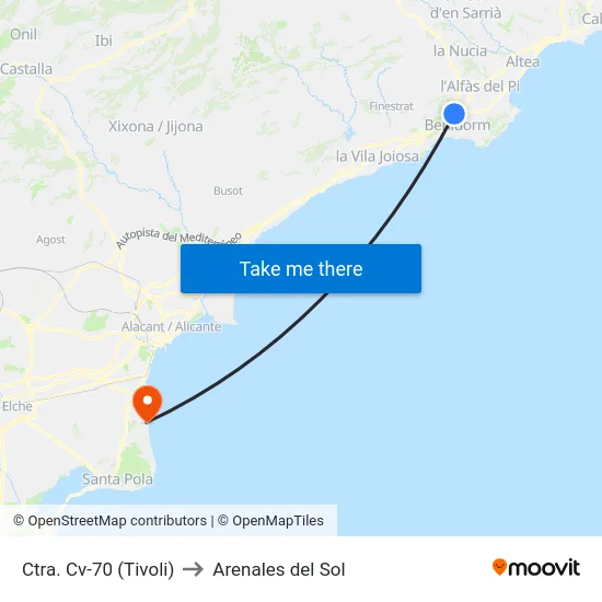 Ctra. Cv-70 (Tivoli) to Arenales del Sol map