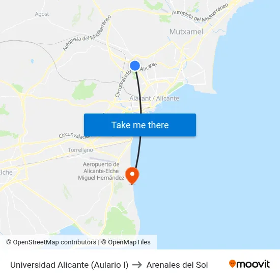 Universidad Alicante (Aulario I) to Arenales del Sol map