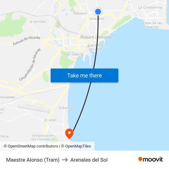 Maestre Alonso (Tram) to Arenales del Sol map