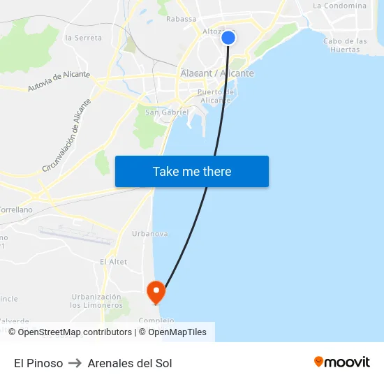 El Pinoso to Arenales del Sol map