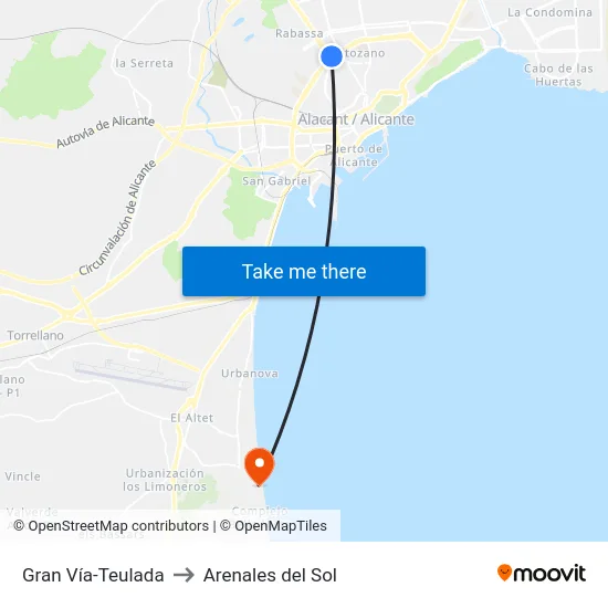Gran Vía-Teulada to Arenales del Sol map