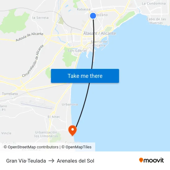 Gran Vía-Teulada to Arenales del Sol map