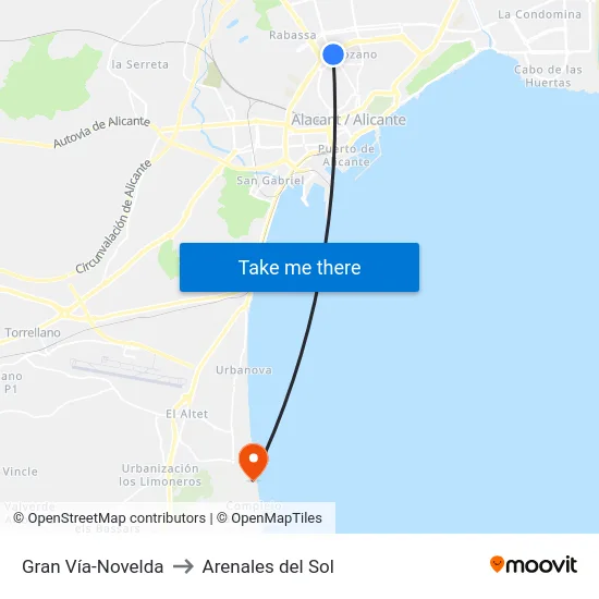 Gran Vía-Novelda to Arenales del Sol map