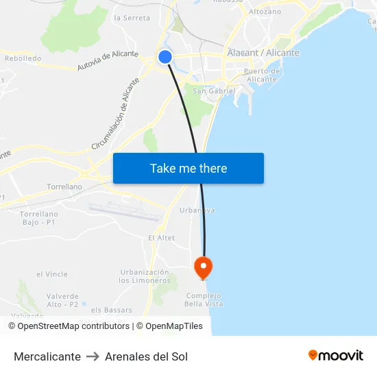 Mercalicante to Arenales del Sol map