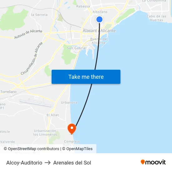 Alcoy-Auditorio to Arenales del Sol map