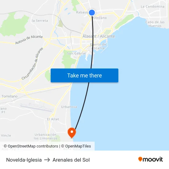 Novelda-Iglesia to Arenales del Sol map