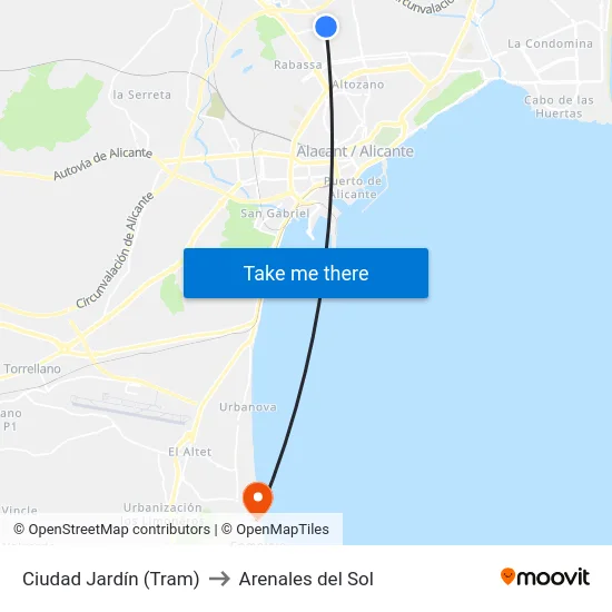 Ciudad Jardín (Tram) to Arenales del Sol map
