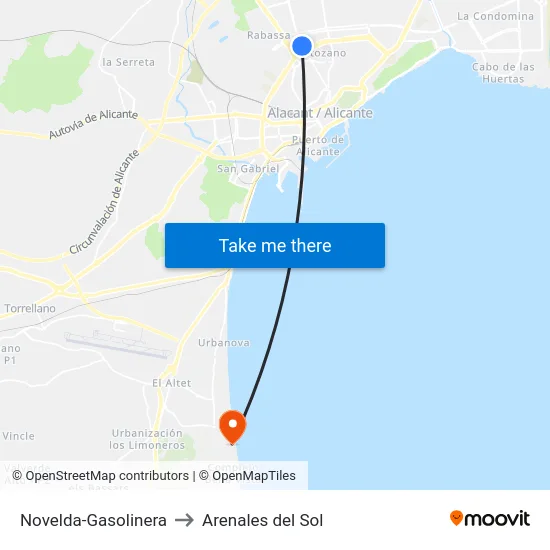 Novelda-Gasolinera to Arenales del Sol map