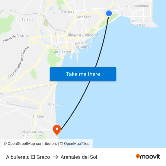 Albufereta-El Greco to Arenales del Sol map