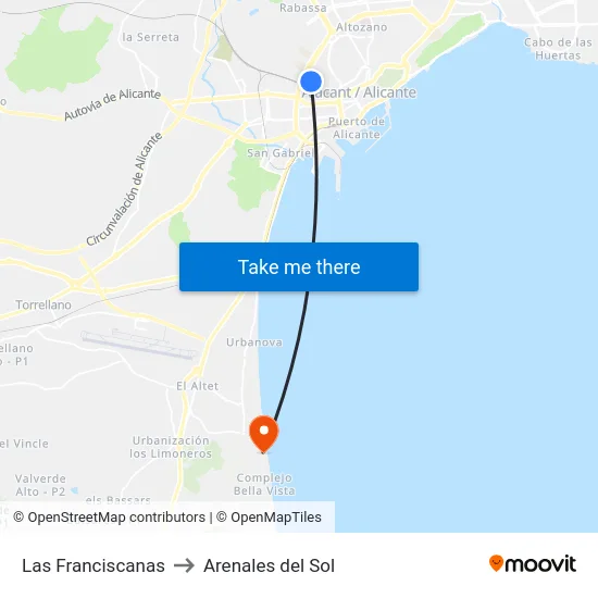 Las Franciscanas to Arenales del Sol map