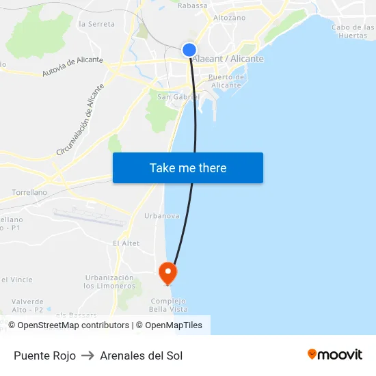 Puente Rojo to Arenales del Sol map