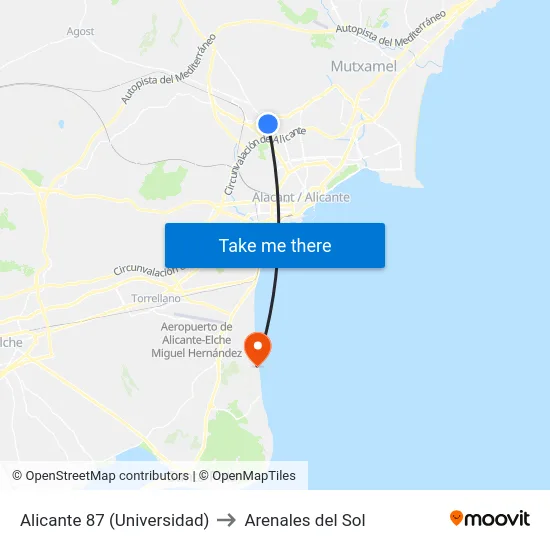 Alicante 87 (Universidad) to Arenales del Sol map