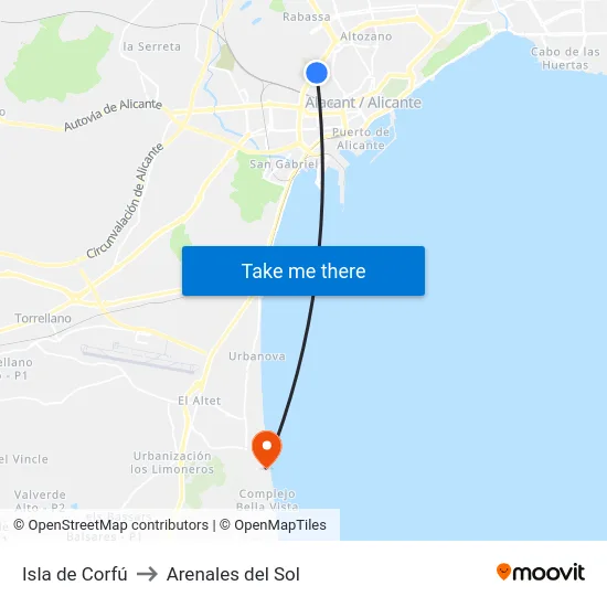 Isla de Corfú to Arenales del Sol map