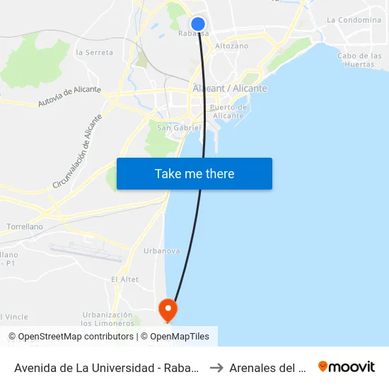 Avenida de La Universidad - Rabasa I to Arenales del Sol map