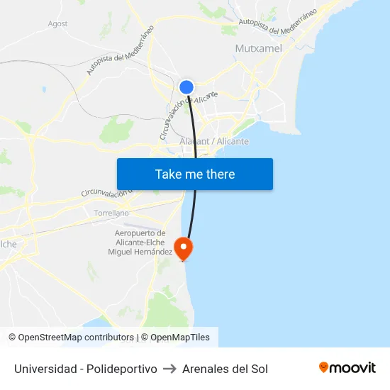 Universidad - Polideportivo to Arenales del Sol map