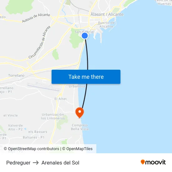 Pedreguer to Arenales del Sol map