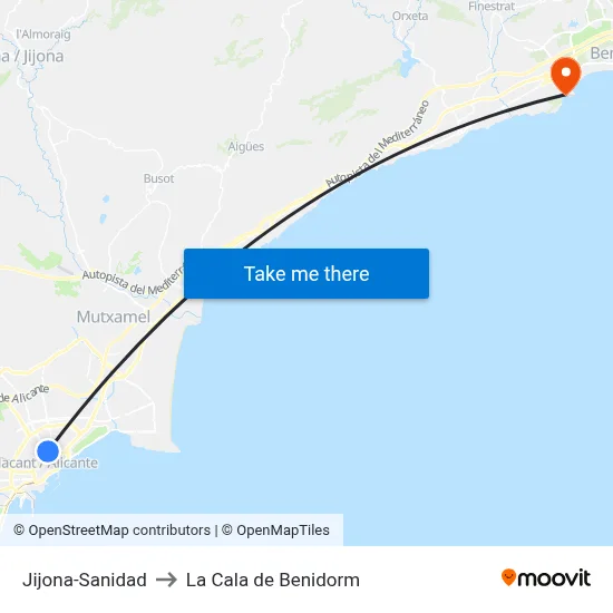 Jijona-Sanidad to La Cala de Benidorm map