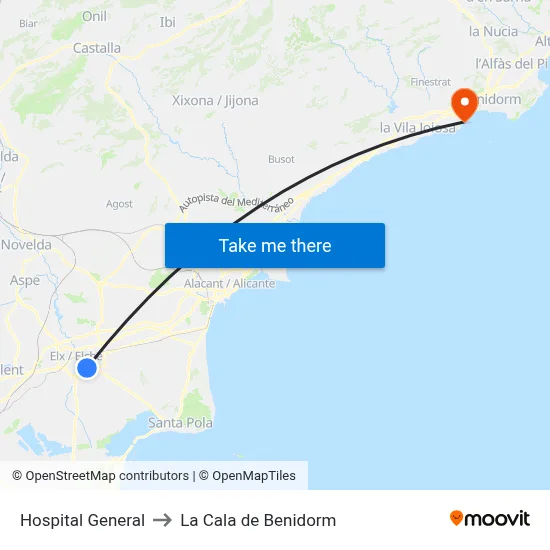 Hospital General to La Cala de Benidorm map