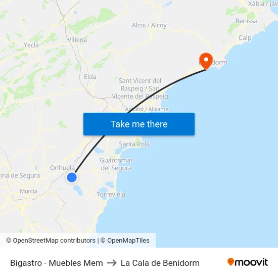 Bigastro - Muebles Mem to La Cala de Benidorm map