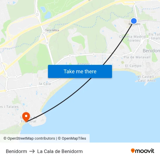 Benidorm to La Cala de Benidorm map